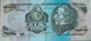 One Hundered New Pesos Bank Note of Uruguay Issued In 1987