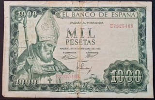 1000 Pesetas Banknote of Spain Issued in 1965