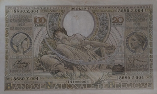 Twenty Belgas Bank Note of Belgium Issued In 1943.