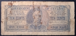 10 Cents Banknote of  Ceylone Issued in 1942