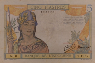Five Piastres Bank Note Of French Indochina Issued In 1932.