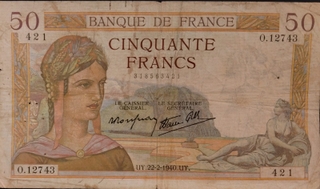 Fifty Francs Bank Note Of France Issued In 1940.