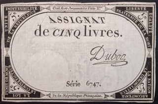 5 Livres Banknotes of France Issued in 1793