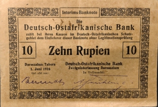 Ten Rupien Bank Note Of German East Africa Issued In 1916
