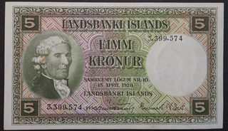 5 Kronur Banknote of Iceland Issued in 1928