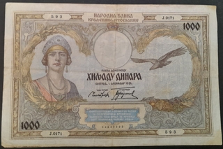 1000 Dinars Banknote of Yugoslavia Issued in 1931