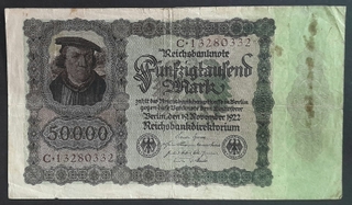 Fifty Thousand Mark Bank Note of Germany Issued in 1922