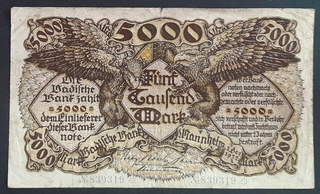 Five Thousand Mark Bank Note of Germany Issued in 1922