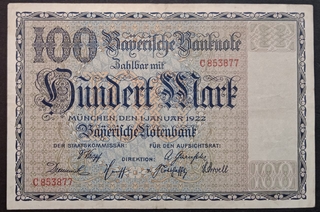 100 Marks Banknote of Bavaria Issued in 1922