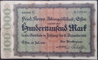 100000 Marks Banknote of Germany Issued in 1923