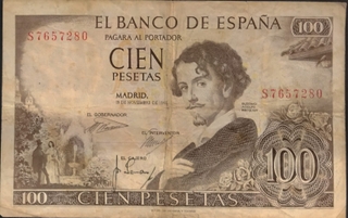 One Hundred Pesetas Bank Note Of Spain Issued In 1965