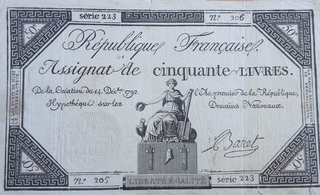 Fifty Livres Bank Note of France Issued in 1792.