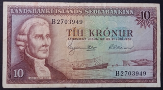 10 Kronor Banknote of Iceland Issued in 1957 