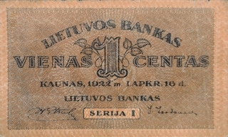 One Cent Bank Note Of Lithuania Issued In 1922