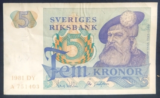 Five Kronor Bank Note of Sweden Issued in 1981