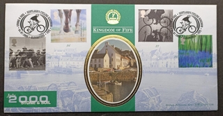 Kingdom of FIFE-4 different values stamp stuck on cover with first day cancelled postmark of Stone and Soul games in July 2000
