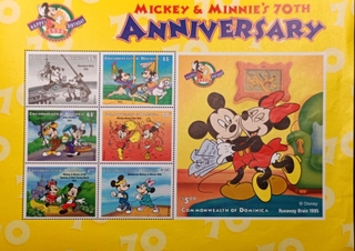 Commonwealth of Dominica-6 diff values 1998 Mint 6 stamps Miniature sheet of Mickey & Minnie's 70th anniversary 