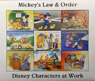 St. Vincent and the Grenadines-75c 1996 and 2004 Mint set of 9 stamps Miniature sheet of Mickey's Law & Order Disney Characters at Work