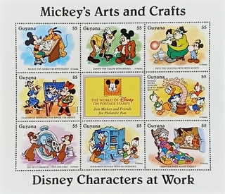 Guyana-$5 1995 and 2004 Mint set of 8 stamps Miniature sheet of Mickey's Arts and Crafts Disney Characters at Work