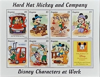 Guyana-$5 1995 and 2004 Mint set of 7 stamps Miniature sheet of Hard Hat Mickey and Company Disney Characters at Work