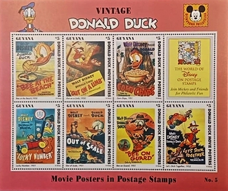 Guyana-$5 1996 Mint set of 7 stamps Miniature sheet of Vintage Donald Duck Movie Posters Vol.5