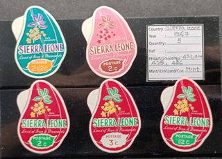 Sierra Leone(Land of Iron & Diamonds)-1/2c to 3c 5 diff, 1967 Die Cut Fruit Shaped Mint stamps 