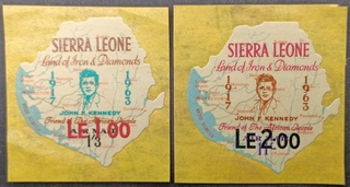 Sierra Leone(Land of Iron & Diamonds)-2 diff. ovptd. values 1963 Die Cut Map Shaped Mint stamps of John F. Kennedy