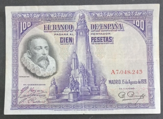 Rare One-Hundred pesetas Banknote of Spain issued in 1928. 