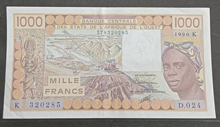 One-Thousand Francs Bank Note of Western African  issued in 1990.