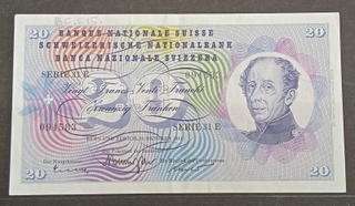 Switzerland Bank Note of Twenty (Vingt) Francs Issued in 1961 