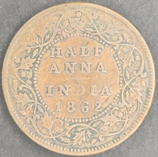 Copper Half Anna Coin of Victoria Queen of Madras Mint of 1862.