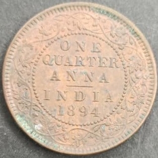 Copper One Quarter Anna Coin of Victoria Empress of Calcutta Mint of 1894.