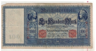 GERMANY 100 MARK USED NOTE 1909 BIG NOTE RARE 7 DIGIT RED SEAL D.17383995