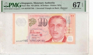 SINGAPOUR  10 DOLLA R FANCY NUMBER 6EP297786 SUPERB GEM UNC ( 67 )