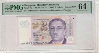 SINGAPOUR 2 DOLLAR FANCY NUMBER 3KD668877  REVRES 786 UNC ( 64)
