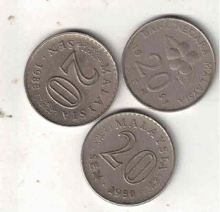 MALAYSIA 20 SEN ( 3 COIN ) 1980-1988-AND  1991 XF CONDITION